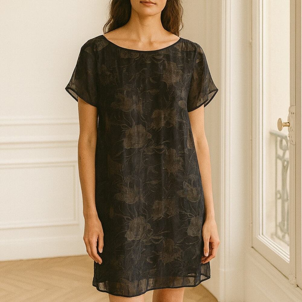 Vintage GALA Silk Sheer Floral Overlay Short Sleeve Mini Dress Black S